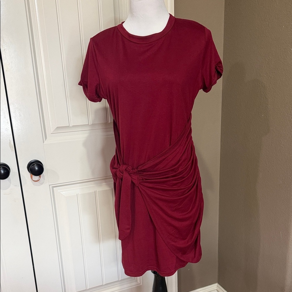 Tie-Detail Short Sleeve Mini Dress in Burgundy Size Large